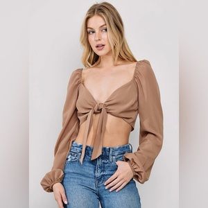 Tan Tie Front Long Sleeve Crop Top NWT